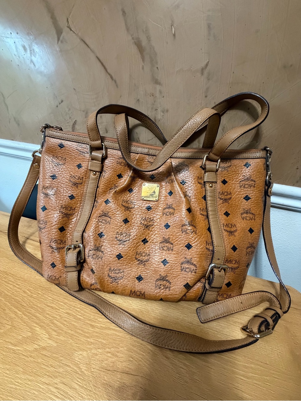 MCM Cognac Visetos Shoulder Tote Bag Large Shopper Handbag